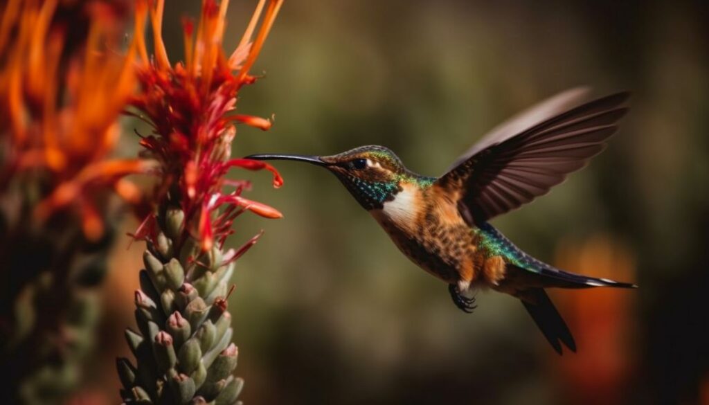Le colibri roux planant pollinise une fleur vibrante à l'extérieur générée par l'IA